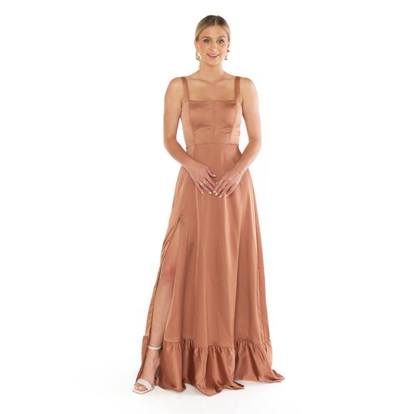 Show Me Your Mumu Clarissa Corset Dress in Copper Luxe Satin XXL Maxi